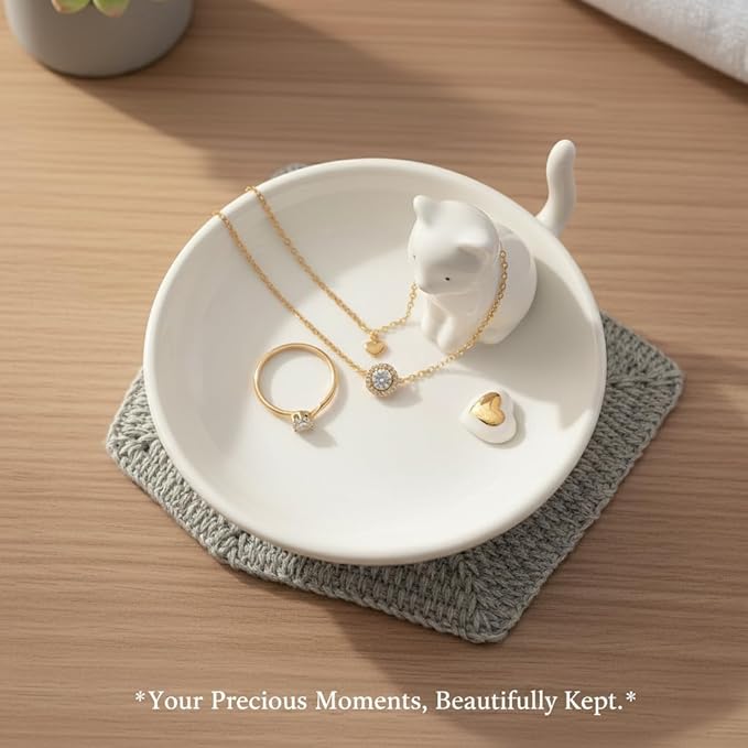 Cat Ring Holder White Room Decor, Cat Jewelry Holder, Ceramic Jewelry Tray Trinket Bowl, Ring Dish Tower Rack for Women,Home Decoration Gift for Mom,Gift for Birthday, Christmas, Halloween
