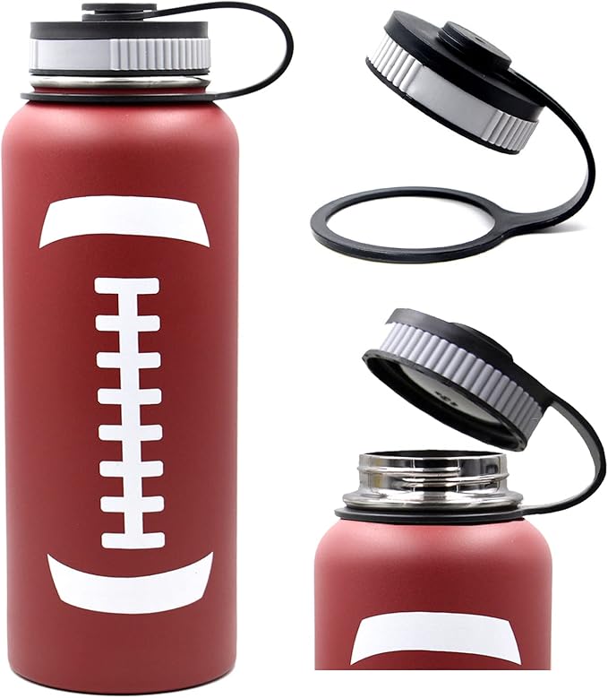 40 oz Football Water Bottle, Metal Thermo Travel Tumbler Sports Flask with 2 Lids, Stainless Steel Double Wall Vacuum Leak Proof Insulated Water Jug, Football Accessories Gifts for Mom Men Boys Girls