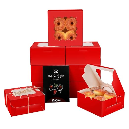 qiqee Bakery Box with Window 36packs 6x6x3 Red Cookie Boxes Pastry Box for Wedding Favor Party ＆ Birthday