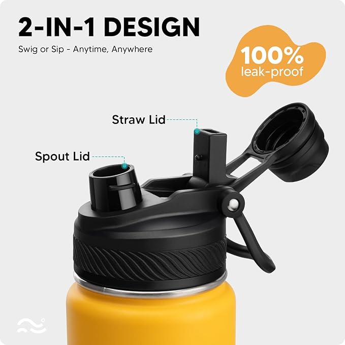 [2-IN-1 LID] Insulated Water Bottle with Silicone Boot (36hrs Cold/18hrs Hot) - DIY Stickers, Leakproof, BPA Free, 24 oz