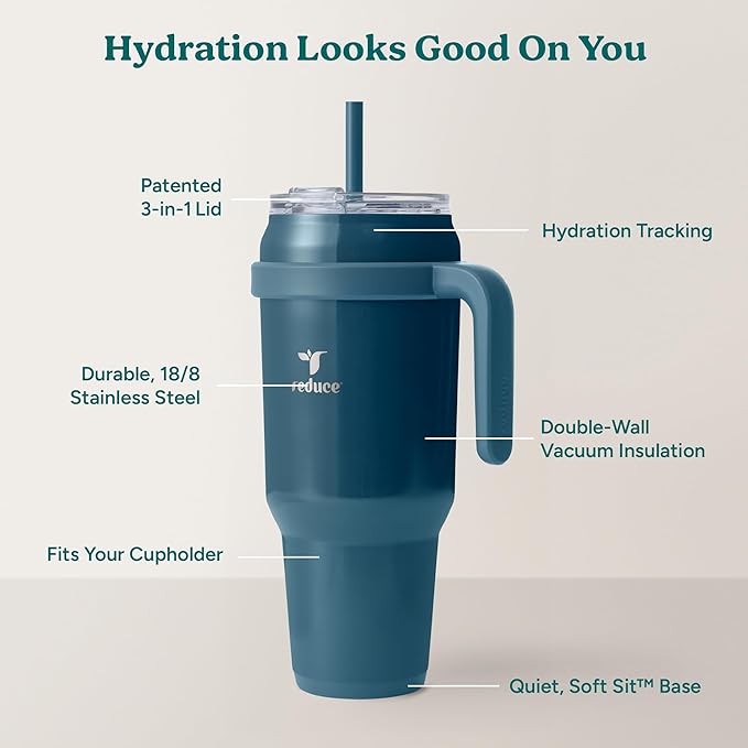 REDUCE 50 oz Stainless Steel Tumbler with Handle - Dual-Wall Vacuum Insulated Travel Mug, Sweat-Proof Lid & Reusable Straw - Keeps Drinks Cold for 24 Hrs, Fits Cupholders, Dishwasher Safe - Dark Web