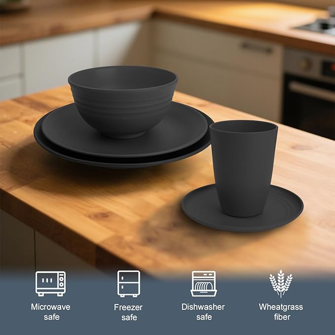 Wheat Straw Dinnerware Sets 40 PCS- Unbreakable Dishes Set for 8, Dishwasher and Microwave Safe Plates and Bowls Sets, Reusable Plastic Plates, Bowls, Drinking Cups for Camping, Party - Black