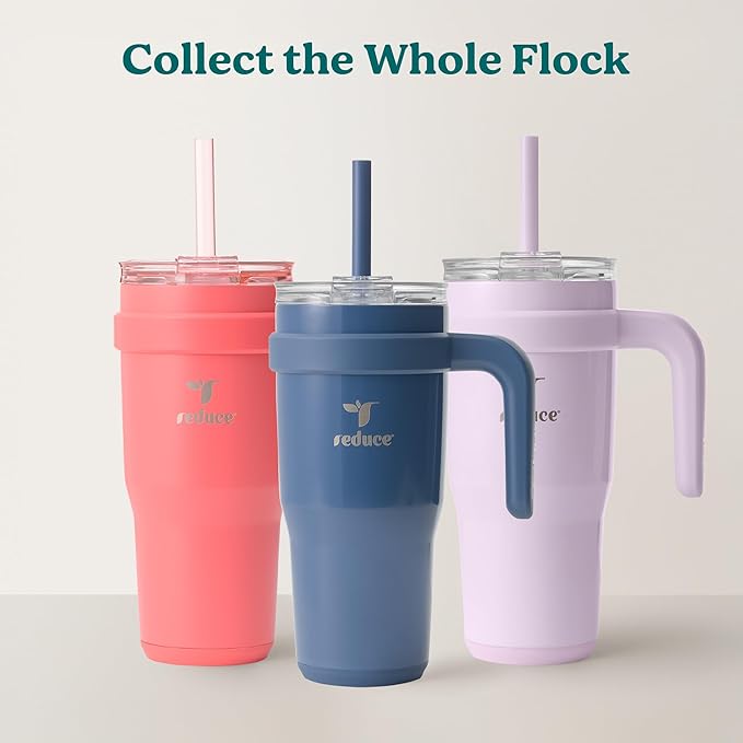 REDUCE 24 oz Stainless Steel Tumbler with Handle - Dual-Wall Vacuum Insulated Travel Mug, Sweat-Proof Lid & Reusable Straw - Keeps Drinks Cold for 24 Hrs, Fits Cupholders, Dishwasher Safe - Sangria