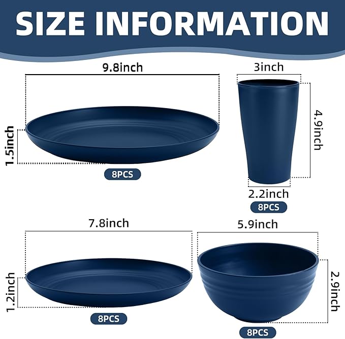 Blue Dinnerware Sets for 8,Blue Plates and Bowls Sets Plastic,Wheat Straw Dinnerware Sets Unbreakable Microwave Safe Lightweight,32 Pcs Dishes Set for 4th of july Apartment Essentials Dorm