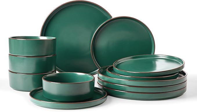 Famiware Nebula Ridge Stoneware Dinnerware Sets, Plates and Bowls Sets for 4, 12 Pieces Dishes Set, Microwave and Dishwasher Safe Kitchen Plates, Dark Green