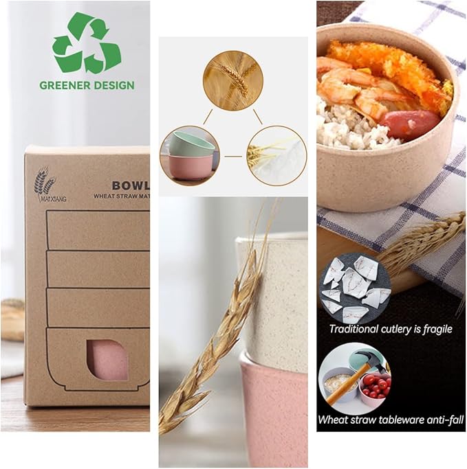 Wheat Straw Bowls 14oz Set of 4 - Unbreakable Cereal and Salad Bowl for Kids and Adults - Eco-Friendly Bowls for Snack, Soup and Dessert - Microwave & Dishwasher Safe