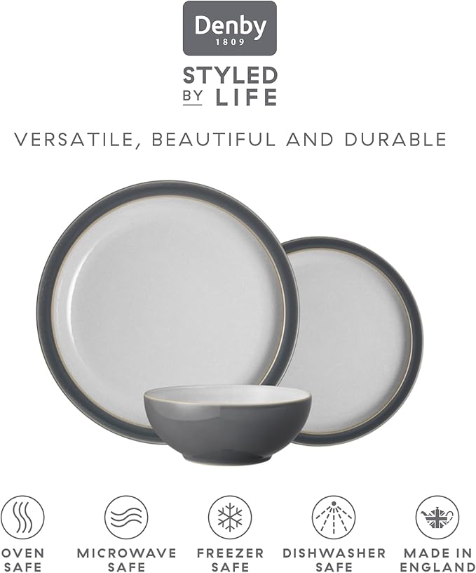 Denby - Elements Fossil Grey 3 Piece Set For 1 - One Person Ceramic Tableware - Dishwasher, Microwave Safe, Scratch Resistant Stoneware - Includes 1 x Large Plate, Side Plate & Cereal Bowl