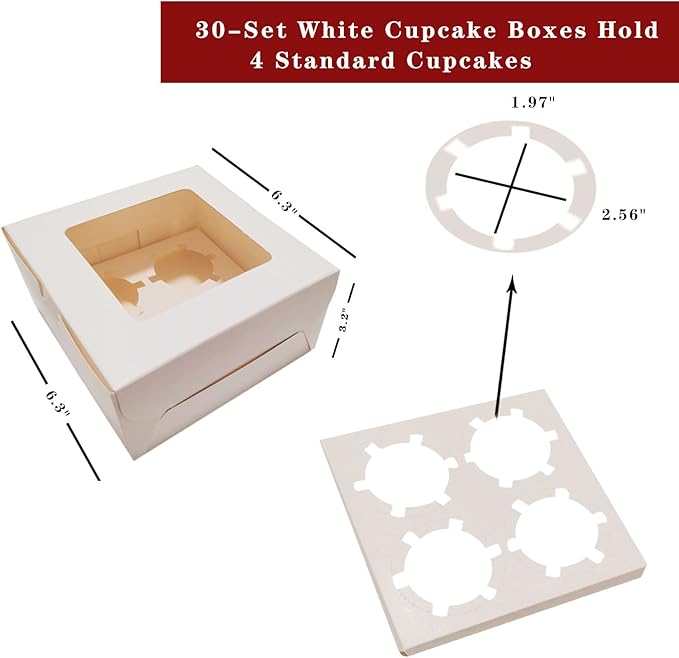 30-Set Cupcake Boxes Bulk with Clear Display Window Hold 4 Standard Cupcakes, Disposable Food Grade White Cupcake Carrier Cupcake Container, Perfect for Cupcakes Muffins Cookies Pastries