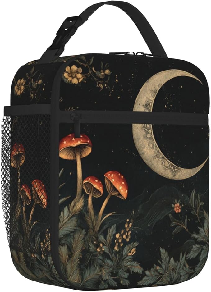 SUPLUCHOM Lunch Bag Botanical Flower Moon Vintage Insulated Bento Box Cooler with Side Pocket for Girl Boy Women Men Work School Picnic Hiking Daytrip