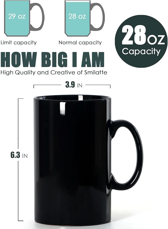 Smilatte 28 OZ Extra Large Ceramic Coffee Mug, M018 Classic Porcelain Boss Super Big Tea Cup with Handle for Office and Home, Black