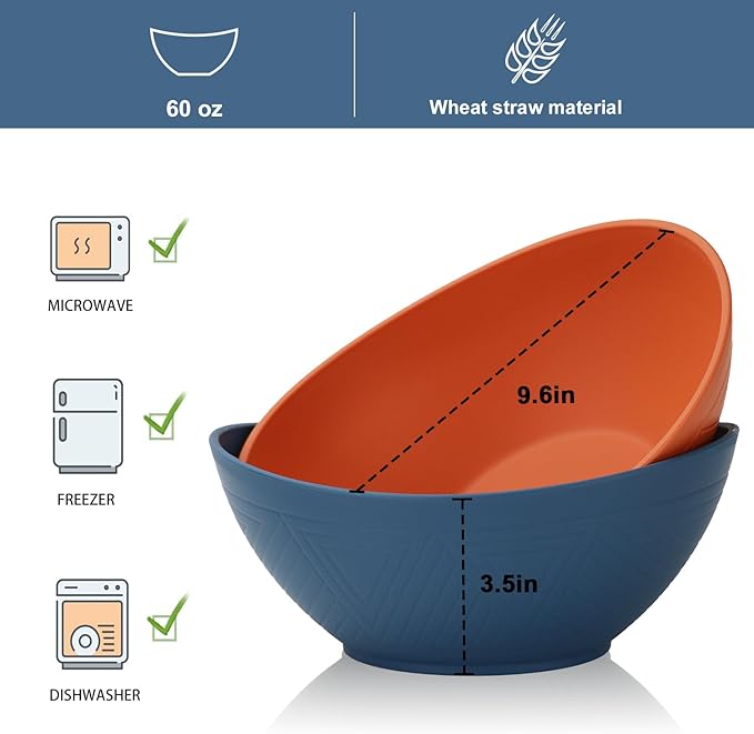 Wrova 65oz Big Salad Bowls - Large Wheat Straw Bowls set of 6 - Unbreakable Serving Bowls - Microwave & Dishwasher Safe Bowl for Cereal,Salad - Vibrant Series