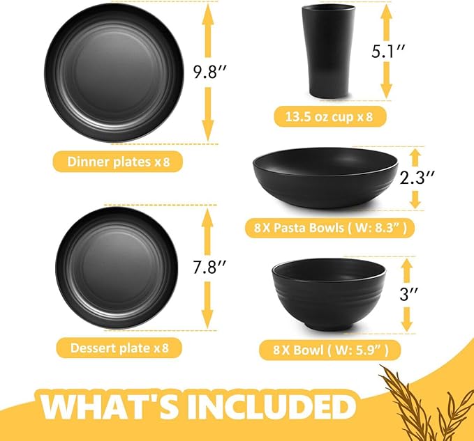 Teivio 40-Piece Kitchen Plastic Wheat Straw Dinnerware Set, Service for 8, Dinner Plates, Dessert Plate, Cereal Bowls, Pasta Bowls, Cups,Unbreakable Outdoor Camping Dishes, Black