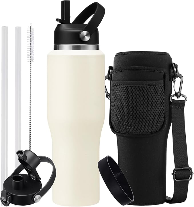 32/40 OZ Water Bottle with Carrying Case, Stainless Steel Insulated Bottle with Lid and Straw, Double Wall Vacuum Thermal Cup Fit in Car Cup Holder for Travel Drive