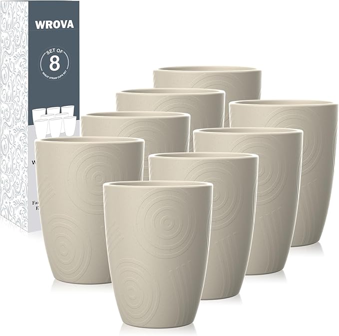 Wheat Straw Cups 8 PCS Good Alternative to Plastic Reusable Cups 12 oz Unbreakable Drinking Cup Reusable Dishwasher Safe Water Plastic Glasses (Beige)