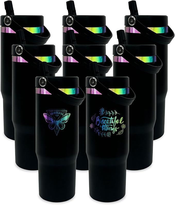 30 oz Tumbler Bulk with Handle and Straw, Vacuum Insulated Tumblers with Flip Straw and Top Handle, Leakproof Powder Coated Tumbler, Stainless Steel Travel Mug for Coffee Water (Black, 8 Pack)
