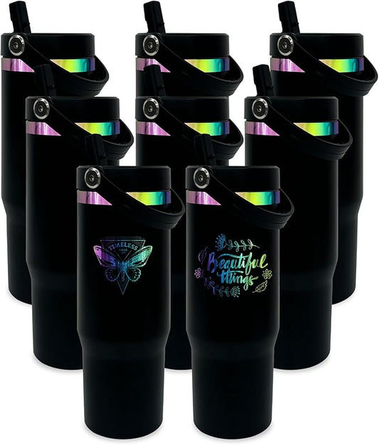30 oz Tumbler Bulk with Handle and Straw, Vacuum Insulated Tumblers with Flip Straw and Top Handle, Leakproof Powder Coated Tumbler, Stainless Steel Travel Mug for Coffee Water (Black, 8 Pack)