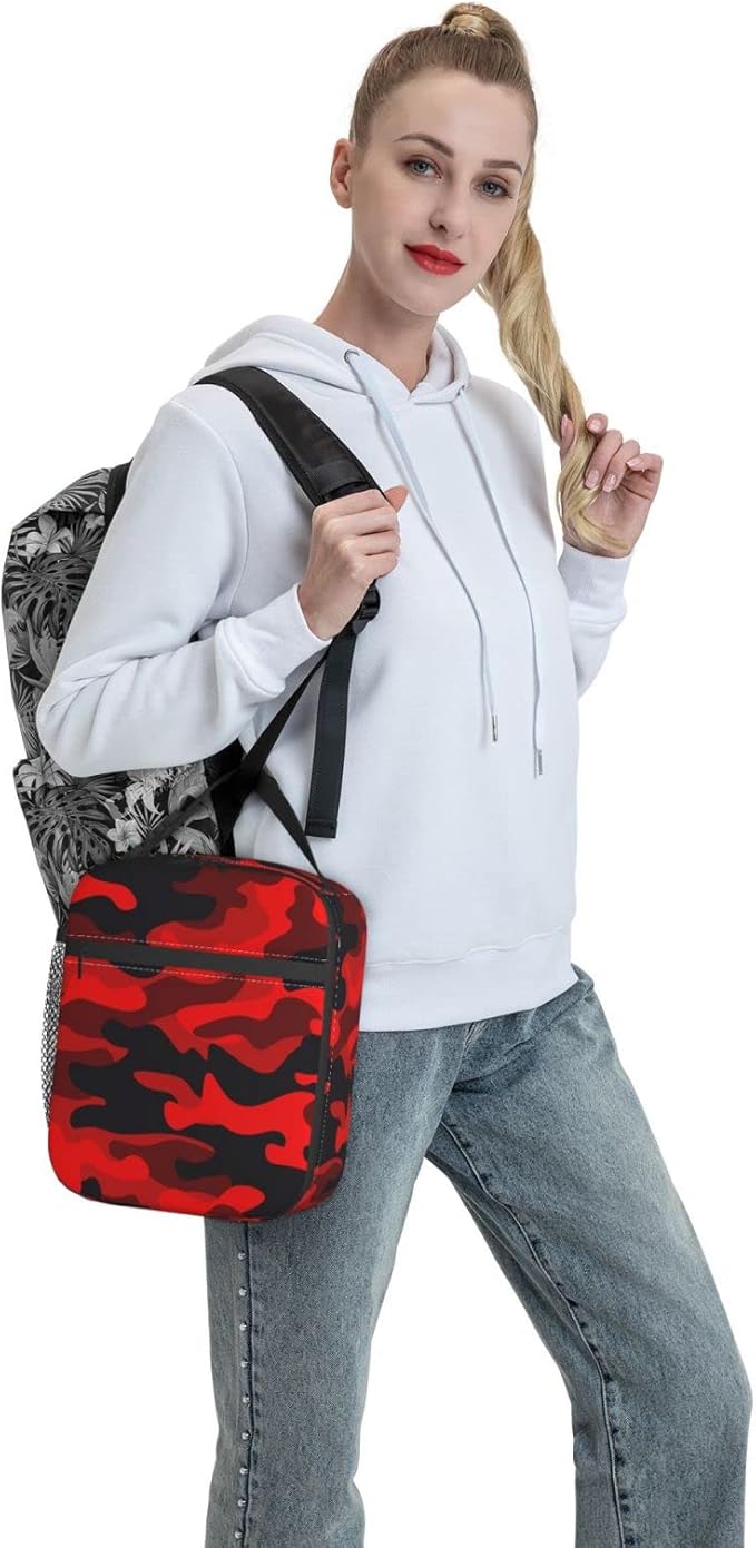 SUPLUCHOM Lunch Box Military Camouflake Camo Red Black Insulated Bag Reusable with Side Pocket for Work School Picnic Hiking Daytrip Kids boy Student Over 3 Years Old