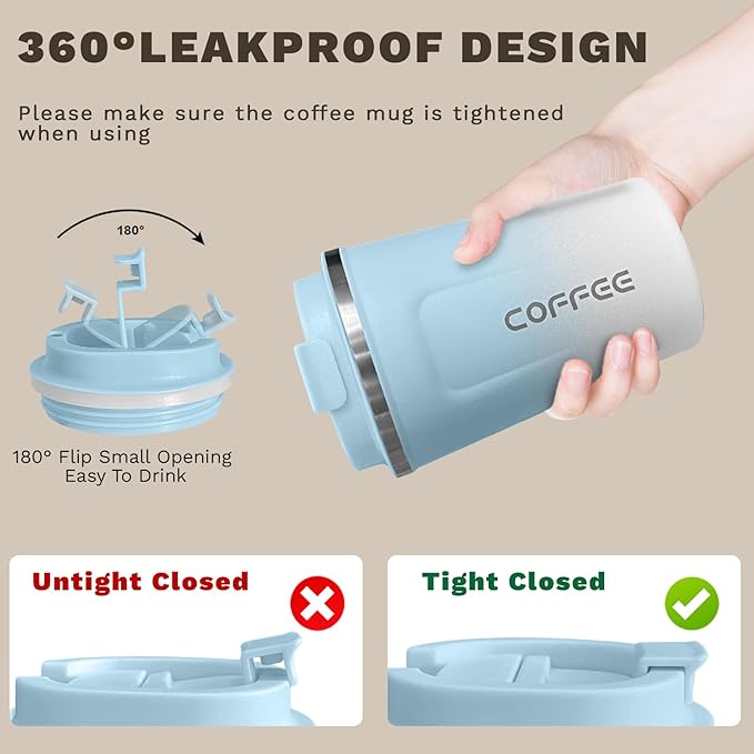 Travel coffee mugs leak-proof, reusable coffee cups with lids, stainless steel vacuum thermos coffee tumblers,thermal insulation cups for men and women hot & cold drinks (2nd-Blue White, 12OZ)