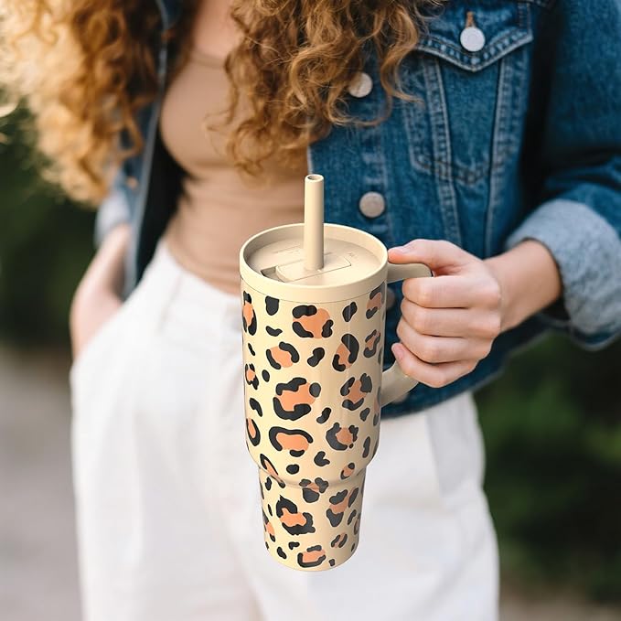 TILUCK 40 oz Tumbler with Handle, Vacuum Insulated Stainless Steel Travel Mug with 100% Leak-Proof Silicone Straw Lid, Cupholder Friendly Water Bottle(Leopard, 40oz)