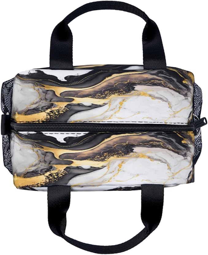 Black Gold White Marble Pattern Lunch Bag for Women Men Cute Large Capacity Thermal Lunch Tote Reusable Washable with Adjustable Shoulder Strap and Dual Large Mesh Side Pockets