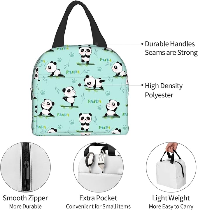 Yoga Pandas Insulated Lunch Bag with Front Pocket,Reusable Cooler Tote with Zipper Use for Men & Women Camping/Hiking/Picnic/Beach/Travel