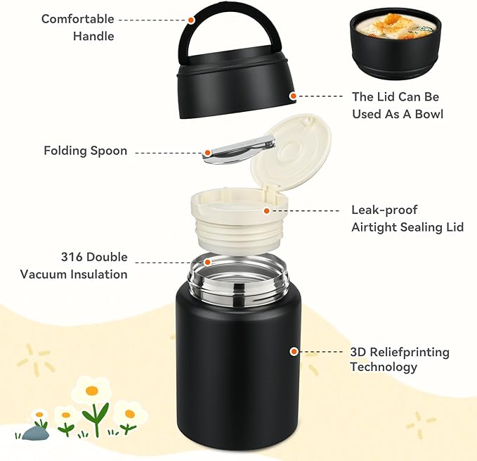 17oz Soup Thermo for Hot Food Kids Insulated Food Jar,Thermo Hot Food Lunch Container, Width Mouth Stainless Steel Lunch Box for Kids with Handle Folding Spoon(Black-Pure)