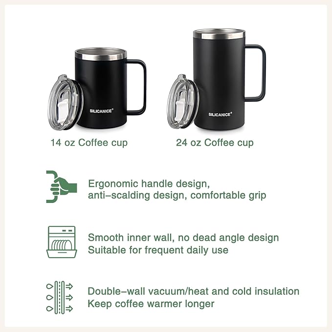 14 oz Stainless Steel Vacuum Insulated Tumbler with handle & MacSlider Lid, Dishwasher Safe & Spill Proof Coffee Cup, Travel Mug for Hot/Cold Drinks, Durable Design - Gray