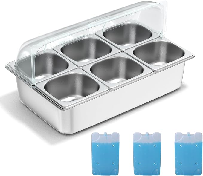 Stainless Steel Countertop Food Serving Display Container with Clear Roll Top Cover - Ice Food Serving Tray for Buffet, Restaurant, Kitchen, or Party(6 Pans)