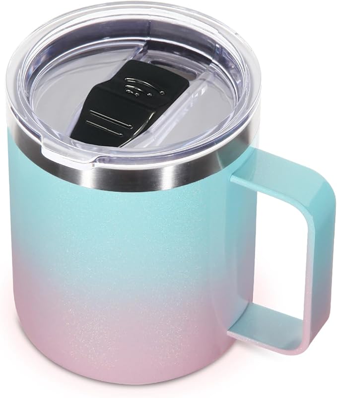 Volhoply 14oz Insulated Stainless Steel Coffee Mug with Leakproof Lid,Double Wall Vacuum Travel Coffee Cup with Handle, Reusable Cups Tumbler,Camping Mugs Keep Hot, Ideal Gifts(Green Pink,1 Set)