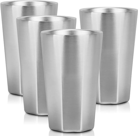 Beasea Stainless Steel Cups 15 oz, 4 Pack Large Stackable Double Wall Insulated Stainless Steel Tumbler Bulk for Drinking Metal Pint Glasses Tin Cups Home Restaurant Office Party Camping