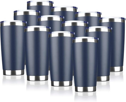 20oz Tumbler Bulk Stainless Steel Vacuum Insulated Tumblers with Lid Double Wall Travel Mug Durable Powder Coated Coffee Cup, Suitable for Ice Drinks and Hot Beverage (Navy 12pack)