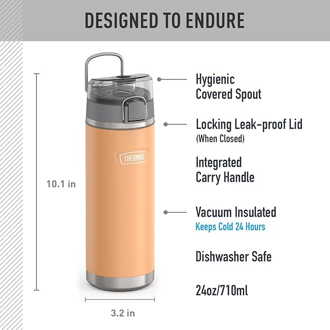 THERMOS ICON SERIES, Stainless Steel Water Bottle with Spout - 24 Ounce, Melon - Vacuum Insulated Water Bottle with Lid