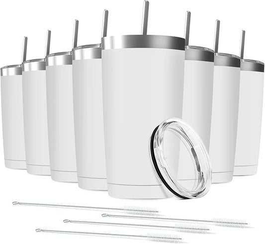 20oz Tumbler Vacuum Insulated Travel Mug with Lids, Stainless Steel Double Wall Bulk Cup for Home, Office, Outdoor Suitable for Vehicle Cup Holders(Set of 8, White)