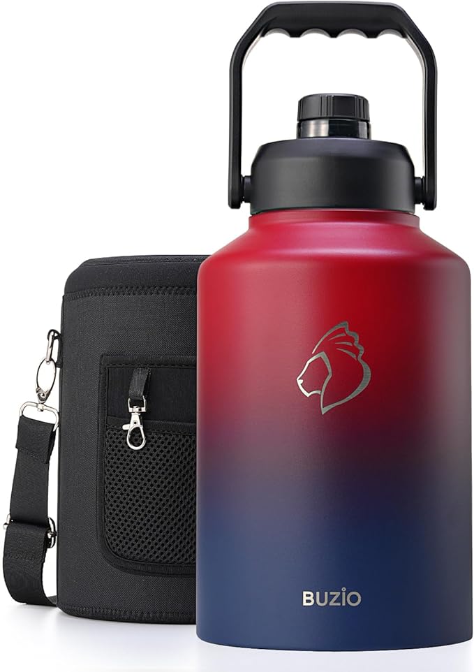 BUZIO One Gallon Water Bottle Insulated, (Cold for 48 Hrs) 128oz Water Jug Large Stainless Steel, 3.58in Big Wide Mouth Leak Proof Metal Flask with Carrying Sleeve for Camping,Gym,Travel, Black Red