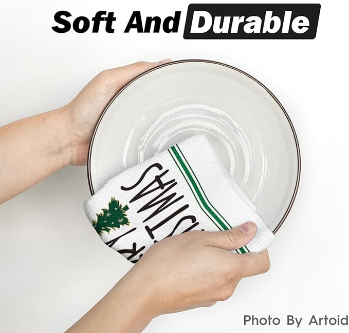 Artoid Mode Green Xmas Tree Merry Christmas Kitchen Towels Dish Towels, 18x26 Inch Farmhouse Star Snowflakes Decoration Cleaning Set of 2