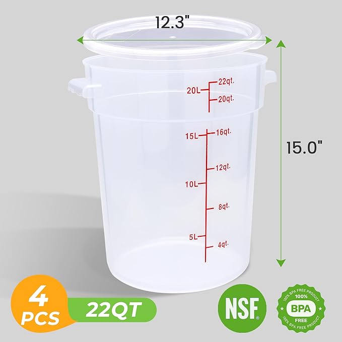 4 Pack Round Food Storage Containers with Lids, 22Qt Large Translucent, Polypropylene, BPA Free, Includes Labels & Measuring Cups