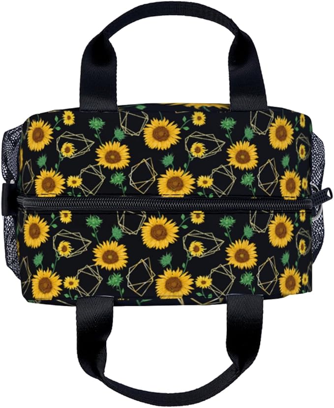 Yellow sunflower geometric shapes modern art Lunch Bag for Women Men Cute Large Capacity Thermal Lunch Tote Reusable Washable with Adjustable Shoulder Strap and Dual Large Mesh Side Pockets