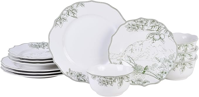 222 Fifth 12-Piece Porcelain Dinnerware Set for 4, Elegant Floral Plates and Bowls Sets-White/Green Ceramic Dishes, Chip Resistant Kitchen & Dining Dish Set, Microwave & Dishwasher Safe, Hudson Valley
