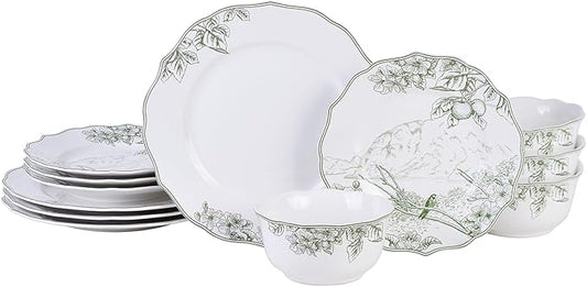 222 Fifth 12-Piece Porcelain Dinnerware Set for 4, Elegant Floral Plates and Bowls Sets-White/Green Ceramic Dishes, Chip Resistant Kitchen & Dining Dish Set, Microwave & Dishwasher Safe, Hudson Valley