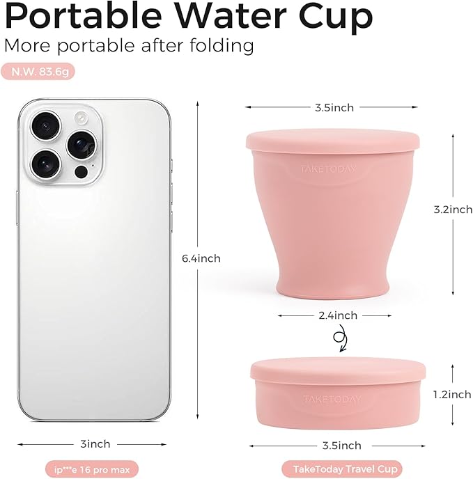 TakeToday Collapsible Travel Cup - Silicone Foldable Water Cup, BPA-Free with Lid & Waterproof Bag - Drinking Cup Set for Camping, Outdoors & International Travel（8 Oz, Lowcountry Peach）