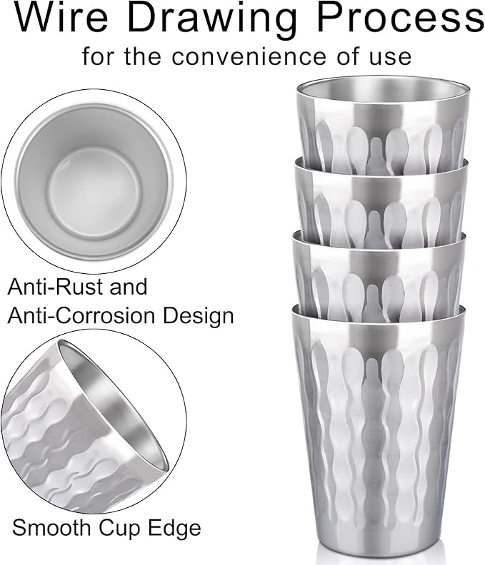Beasea 15oz Stainless Steel Cups, 4 Pack Double Wall Metal Stackable Insulated Portable Drinking Tumblers Unbreakable Shatterproof Glasses for Home Restaurant Party Camping Travelling