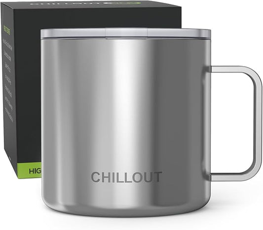 CHILLOUT LIFE Stainless Steel 16 oz Vacuum Insulated Coffee Mug with Handle and Lid, Large Thermal Camping Coffee Mug Cup with Durable Sliding Lid for Men & Women, Keeps your Beverages Hot & Cold