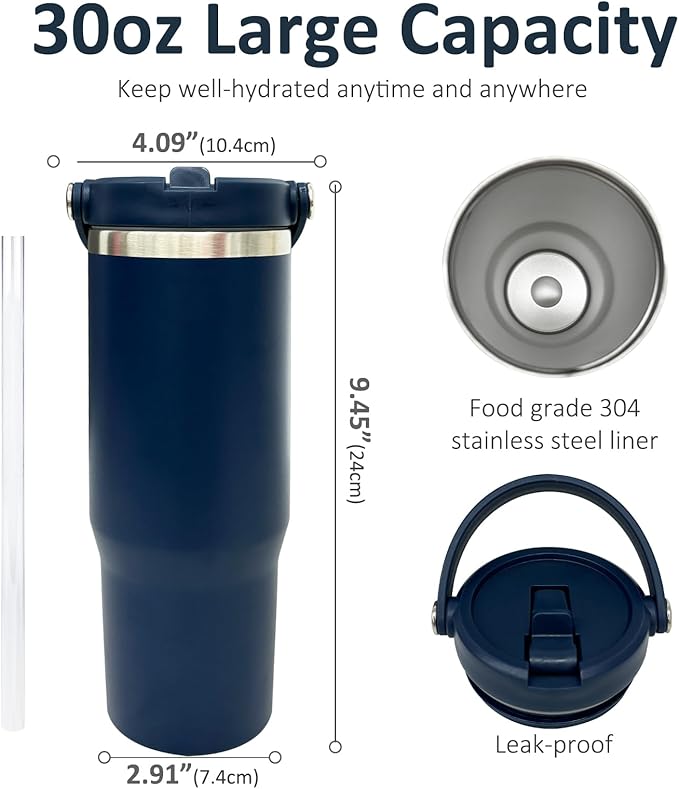 30 oz Tumbler Bulk with Top Handle, Double Wall Vacuum Insulated Tumbler with Flip Straw, Travel Coffee Mug 30oz Powder Coated Cup for Laser Engraving (Navy,8 pack)