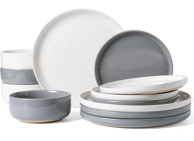 Famiware Milkyway Plates and Bowls Sets, 12 Pieces Stoneware Dinnerware Sets, Dishes Set for 4, White & Dark Gray