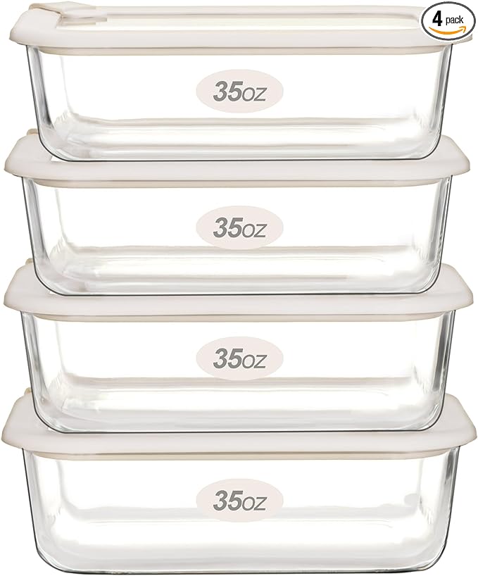 Urban Green Glass Food Storage Containers with Glass Lids, Microwave Safe Food Container Set, Airtight Food Container Set, LeakProof, 100% Plastic Free, White Color, 4pack
