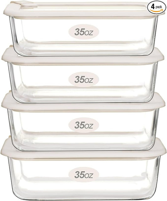 Urban Green Glass Food Storage Containers with Glass Lids, Microwave Safe Food Container Set, Airtight Food Container Set, LeakProof, 100% Plastic Free, White Color, 4pack