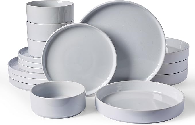 Famiware Nebula Dinnerware Set with Pasta Bowls, Service for 4 (16pcs), Fine Stoneware Plates and Bowls Sets, Microwave and Dishwasher Safe Dishes Set, Light Gray