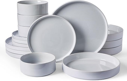 Famiware Nebula Dinnerware Set with Pasta Bowls, Service for 4 (16pcs), Fine Stoneware Plates and Bowls Sets, Microwave and Dishwasher Safe Dishes Set, Light Gray
