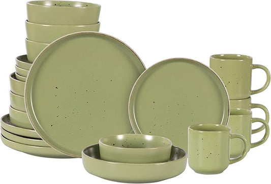 HomeVss, Nordic Shape Rising Rim Stoneware 20pc Dinnerware Set, Matte Green with Speckle Finished Effect