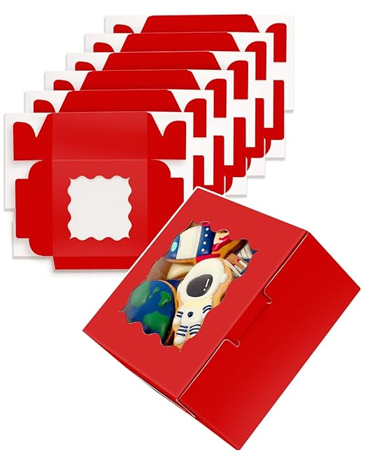 qiqee Red Cookie Boxes with Window 36packs 6x6x3 Red Bakery Box Pastry Box for Wedding Favor Birthday ＆ Party